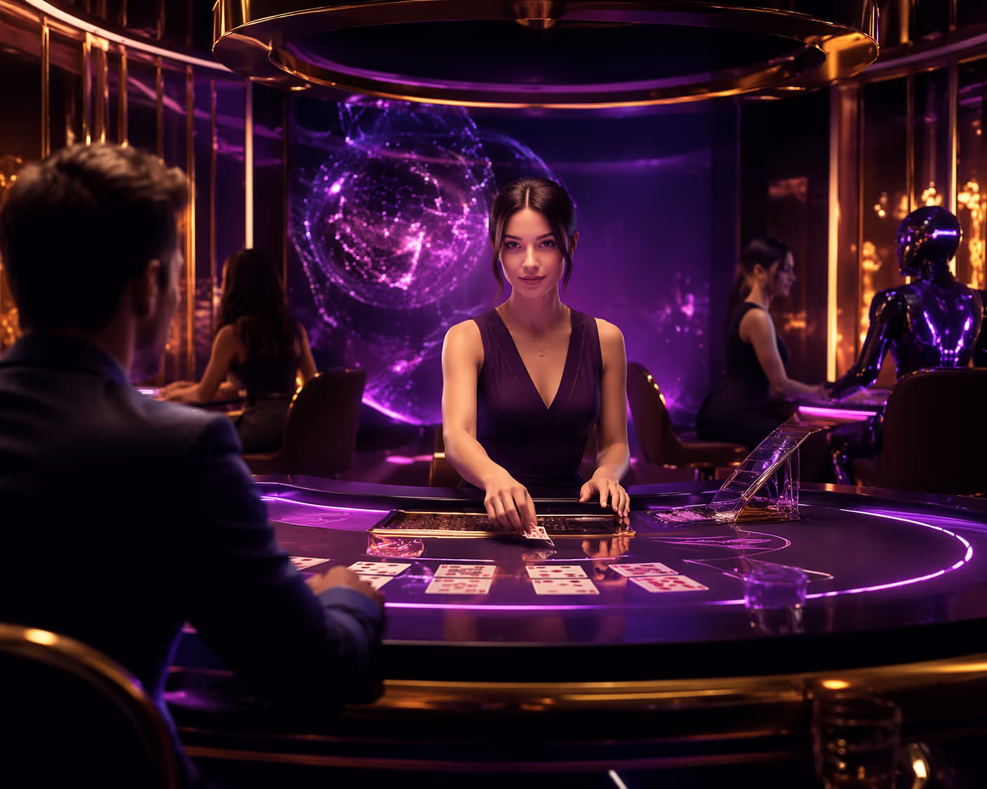 Table de croupier en direct holographique futuriste avec hôte IA et éléments VR immersifs dans un studio casino high-tech